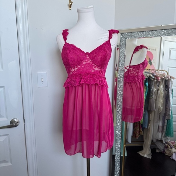 NWOT Y2K Barbie pink Lace Chemise slip dress with ruffles coquette fairy M - Picture 2 of 6